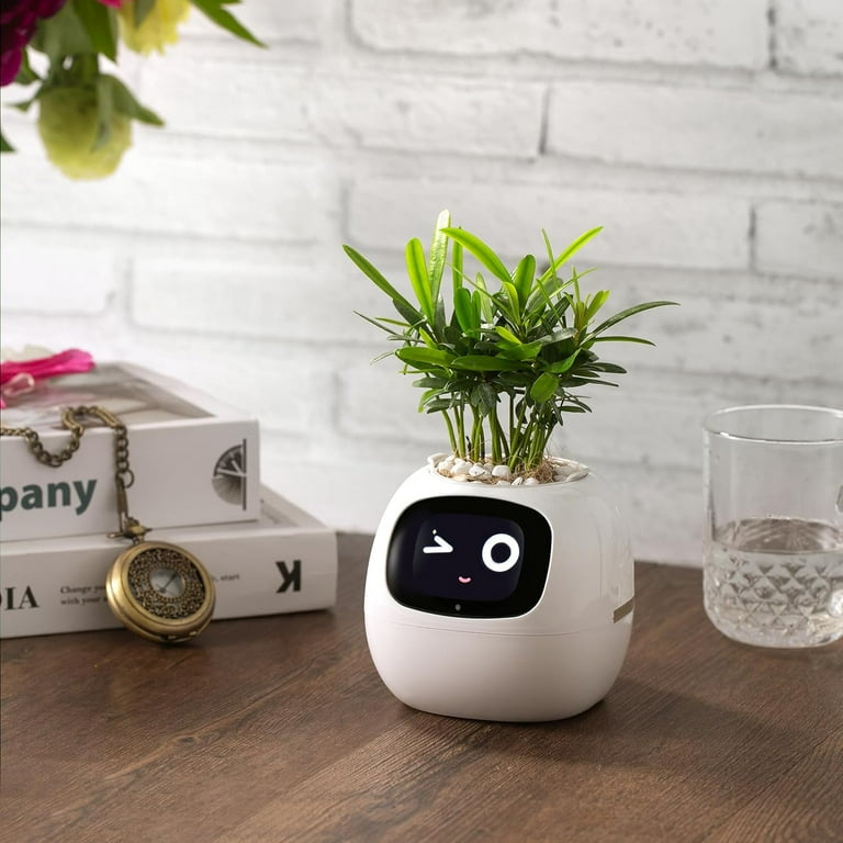 A white AI planter featuring a cute winking face on its screen, holding a small green plant. It is placed on a wooden table next to a glass of water, a stack of books, and a pocket watch, with a white brick wall in the background."