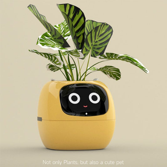 "A yellow AI planter with a screen displaying a cute animated face, featuring large eyes and a small mouth, holding a vibrant green leafy plant on a light yellow background."
